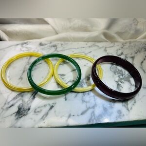 Vintage 4pc bangle bracelet handmade glass Purple, Yellow, Green Rare EUC 2 3/4"